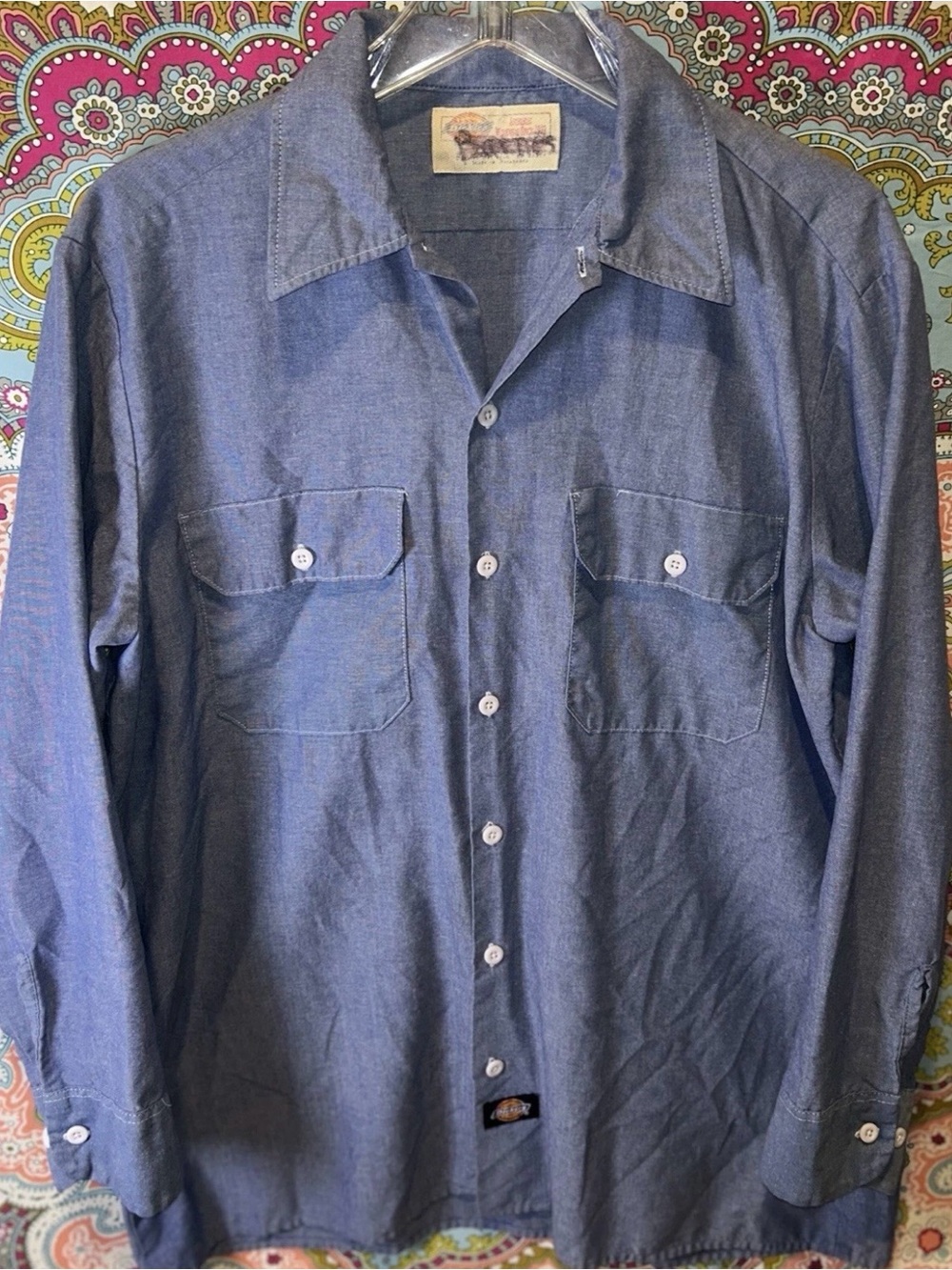 Dickies Blue Chambray Short Sleeve Button Up Work Shirt Two Pockets Logo Patch M